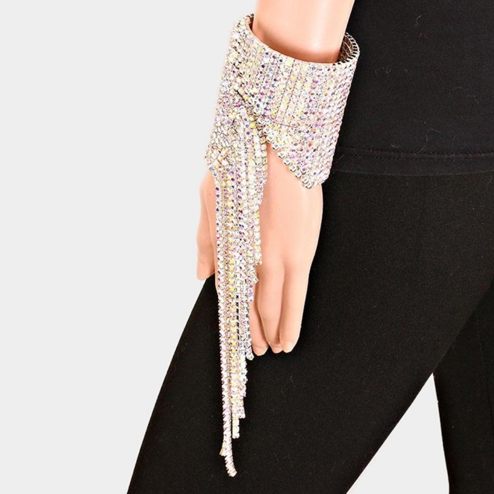 Silver Rhinestone Fringe Open Bracelet